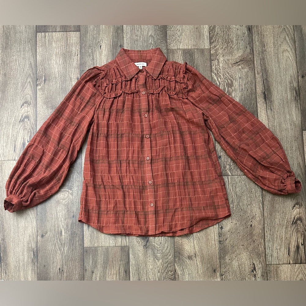 Max Studio Long Sleeves Plaid Blouse Brown Boho women’s size XS